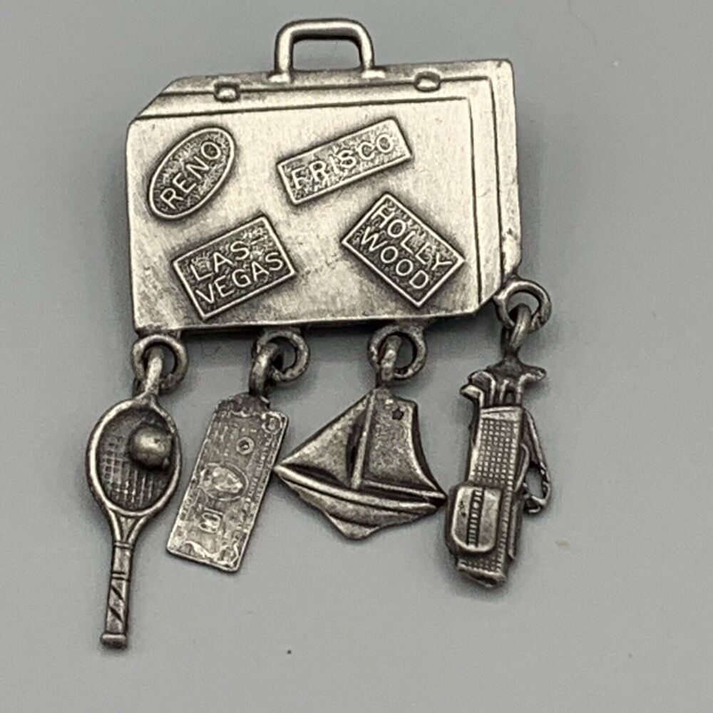 Vtg L Razza Traveling Suitcase Dangling Charms Brooch Sailboat Tennis Golf Money